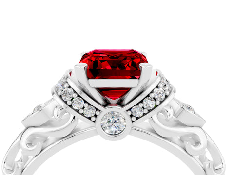 White gold Emerald Cut Ruby Solitaire Ring with Filigree Band and Four-Prong Setting_52
