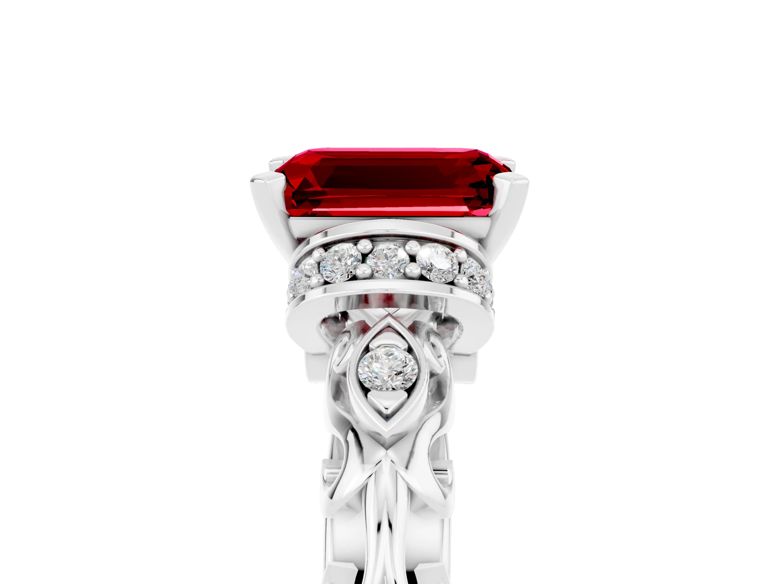 White gold Emerald Cut Ruby Solitaire Ring with Filigree Band and Four-Prong Setting_53