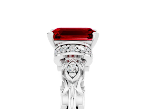 White gold Emerald Cut Ruby Solitaire Ring with Filigree Band and Four-Prong Setting_53