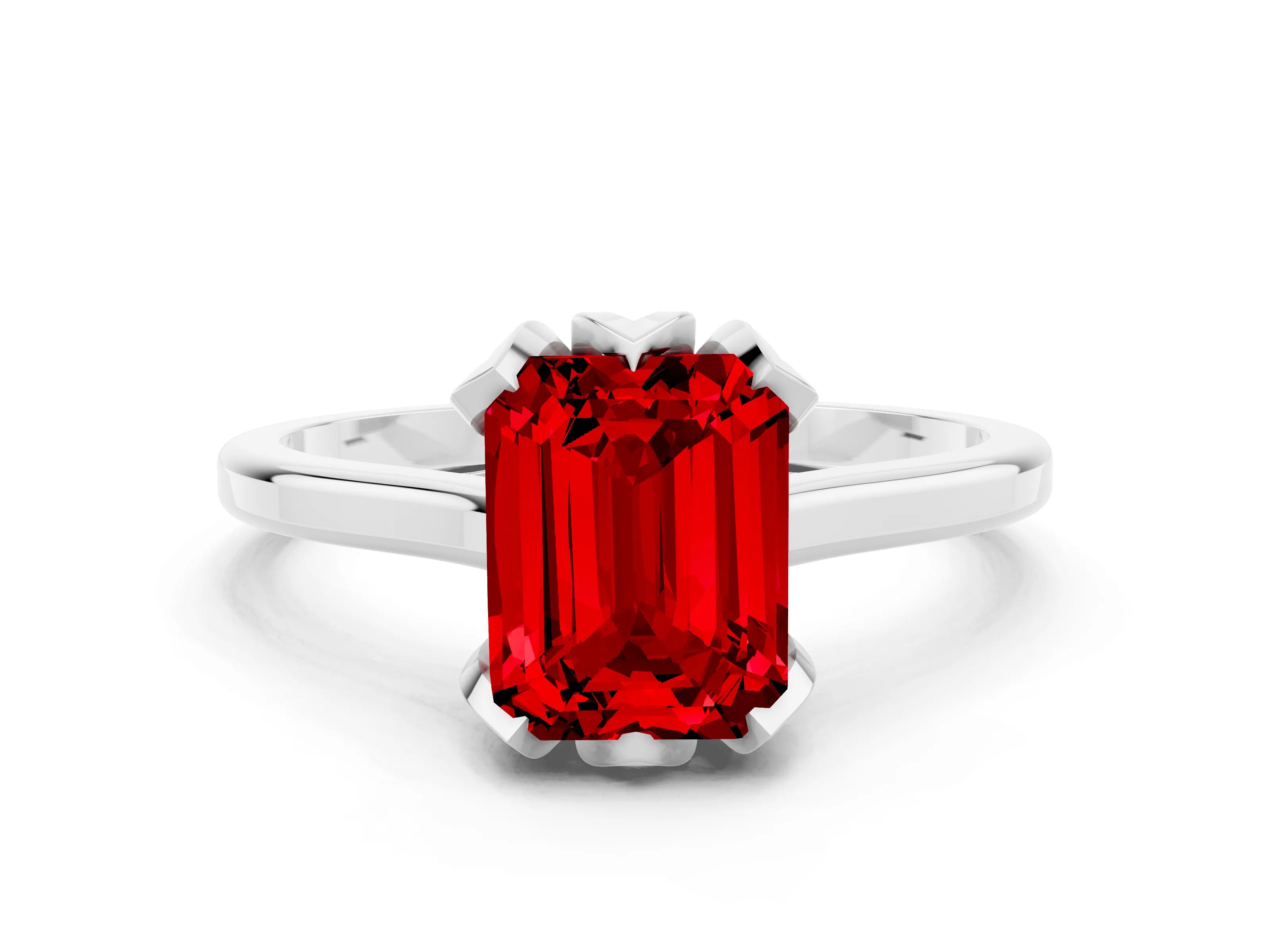 White gold Emerald Cut Ruby Solitaire Ring with Flower Prong Setting and Classic Band_12
