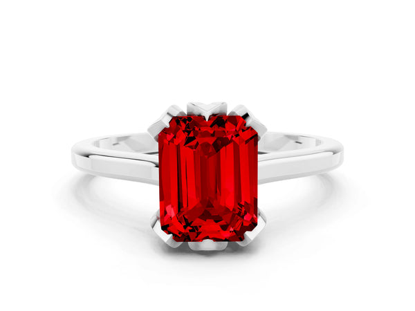 White gold Emerald Cut Ruby Solitaire Ring with Flower Prong Setting and Classic Band