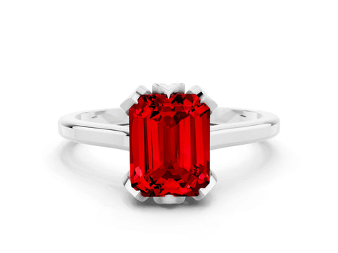 White gold Emerald Cut Ruby Solitaire Ring with Flower Prong Setting and Classic Band_12