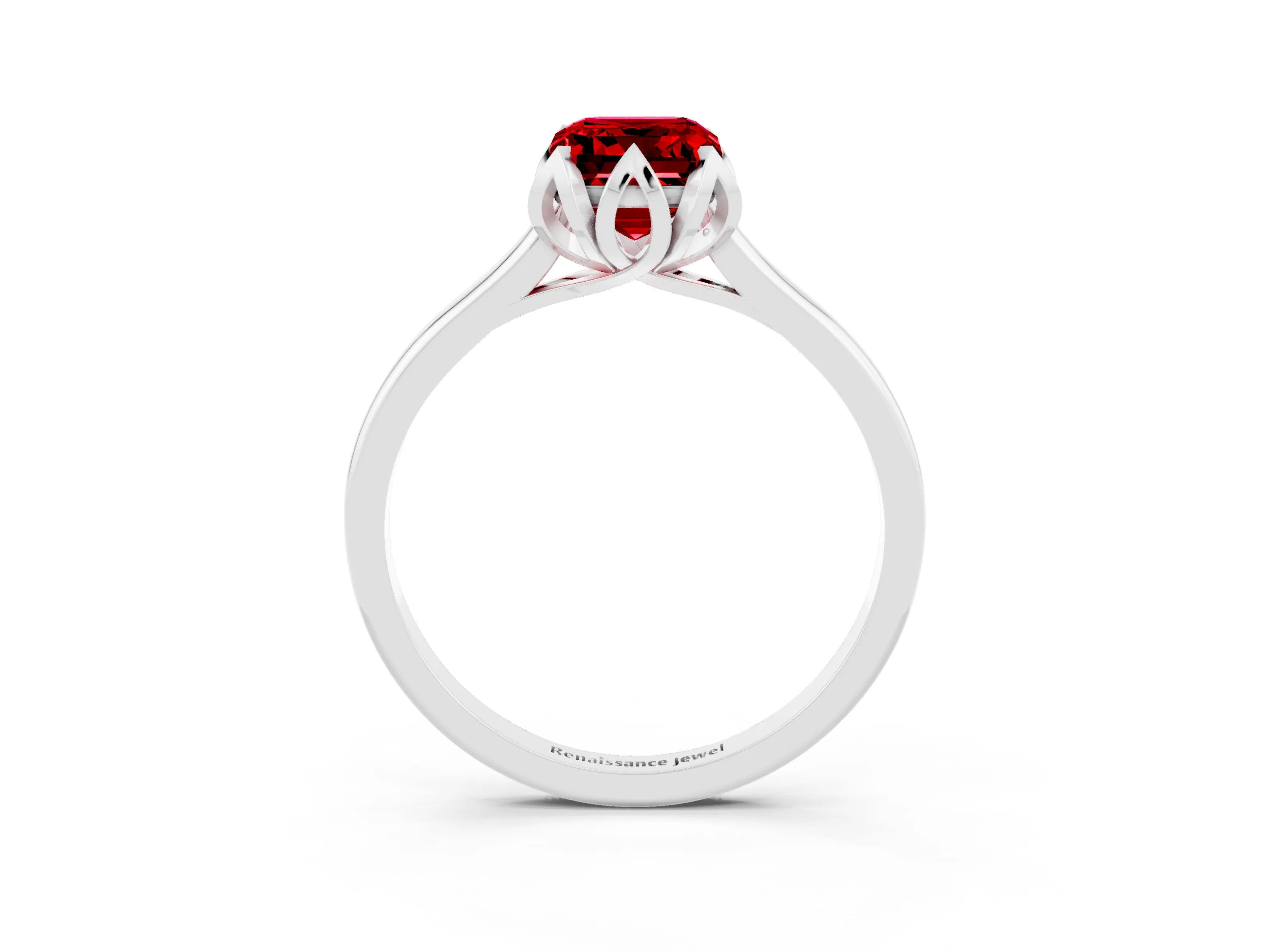 White gold Emerald Cut Ruby Solitaire Ring with Flower Prong Setting and Classic Band_15