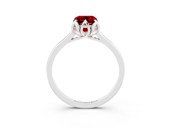 Platinum Emerald Cut Ruby Solitaire Ring with Flower Prong Setting and Classic Band