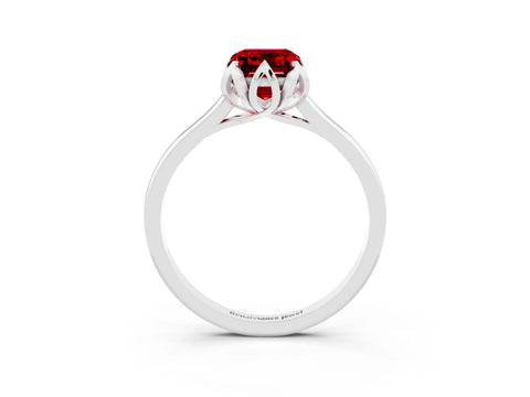 White gold Emerald Cut Ruby Solitaire Ring with Flower Prong Setting and Classic Band_15