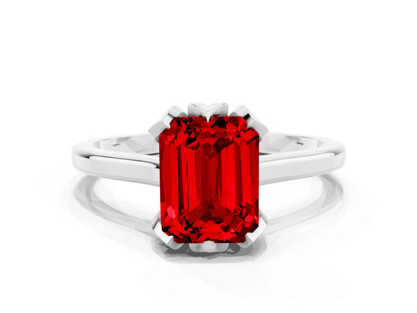 White gold Emerald Cut Ruby Solitaire Ring with Flower Prong Setting and Classic Band