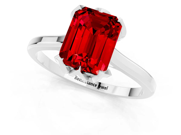White gold Emerald Cut Ruby Solitaire Ring with Flower Prong Setting and Classic Band