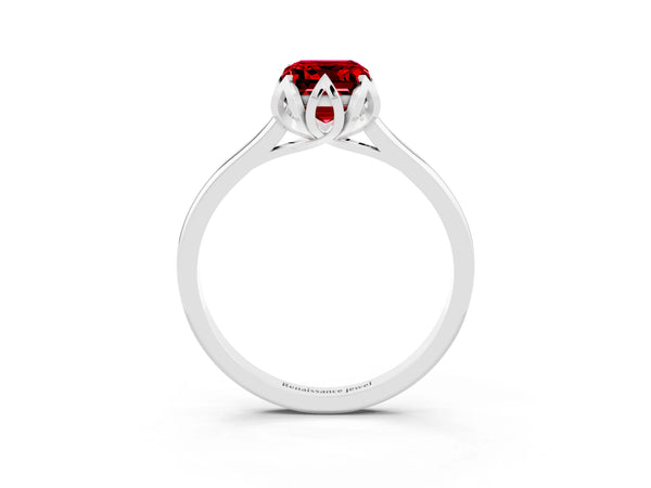 White gold Emerald Cut Ruby Solitaire Ring with Flower Prong Setting and Classic Band