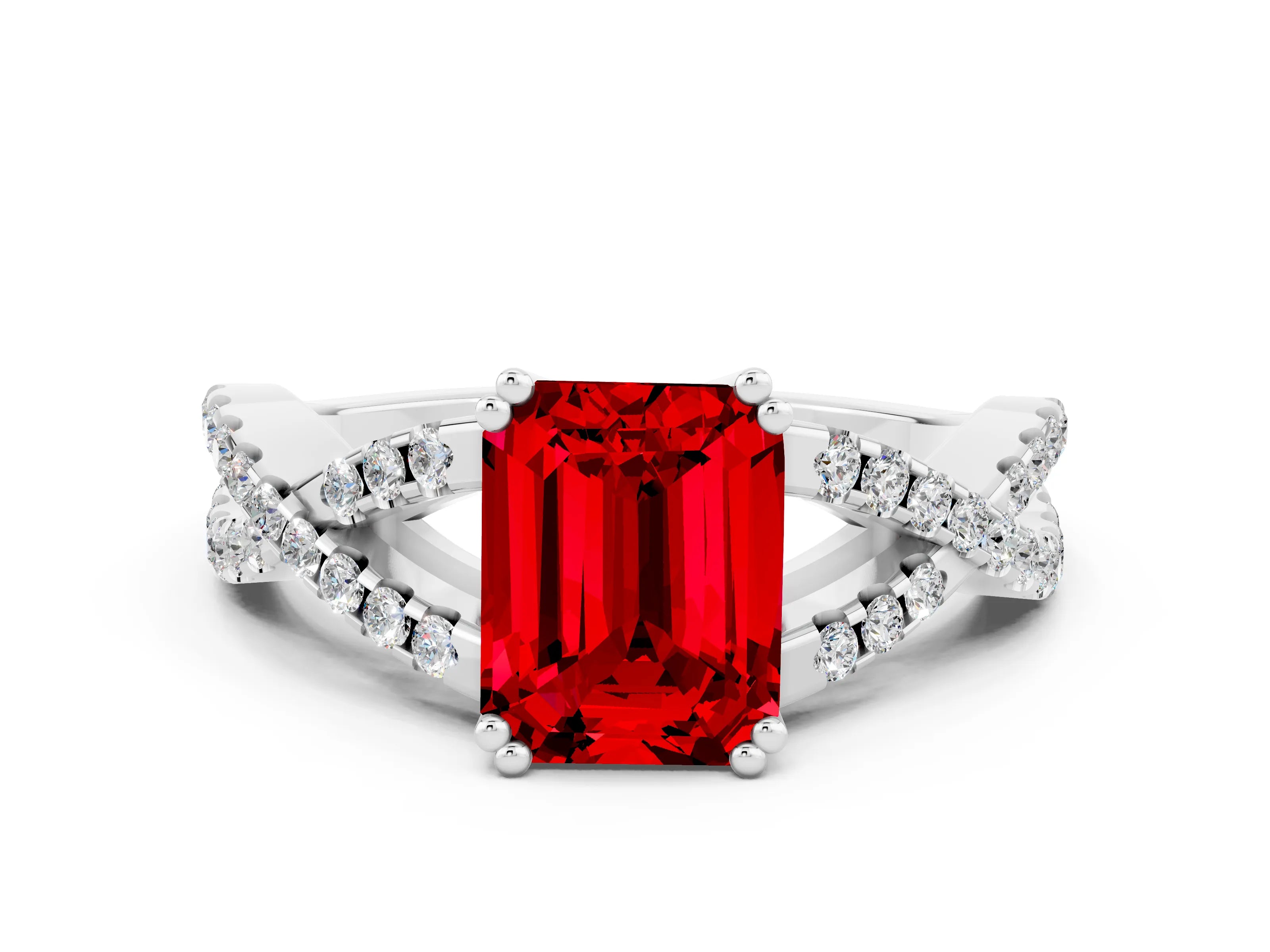 White gold Emerald Cut Ruby Solitaire Ring with Four-Prong Setting and Twisted Pavé Band