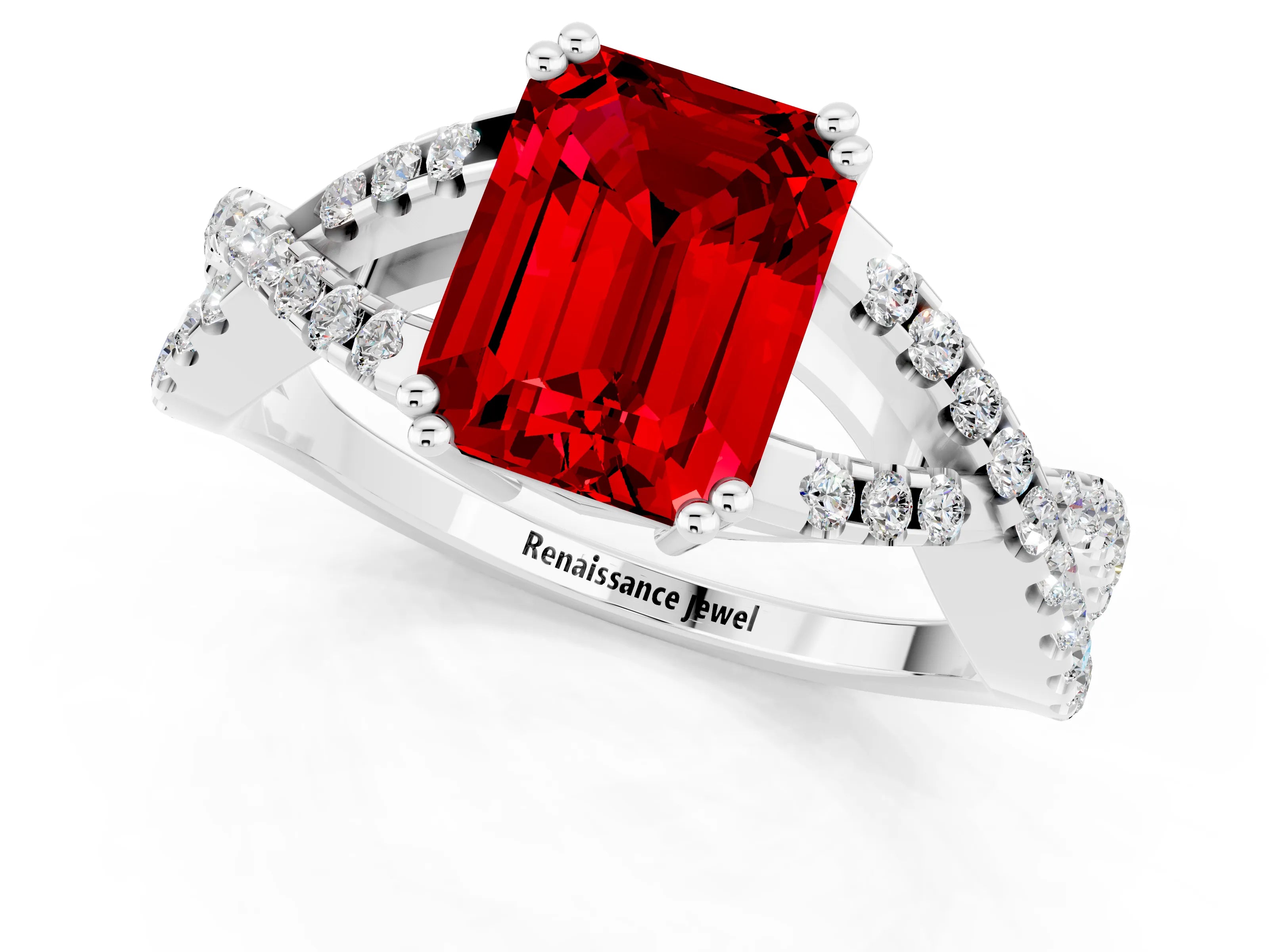 White gold Emerald Cut Ruby Solitaire Ring with Four-Prong Setting and Twisted Pavé Band_1