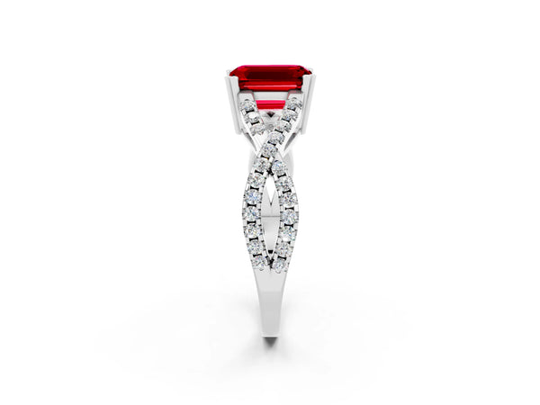 White gold Emerald Cut Ruby Solitaire Ring with Four-Prong Setting and Twisted Pavé Band