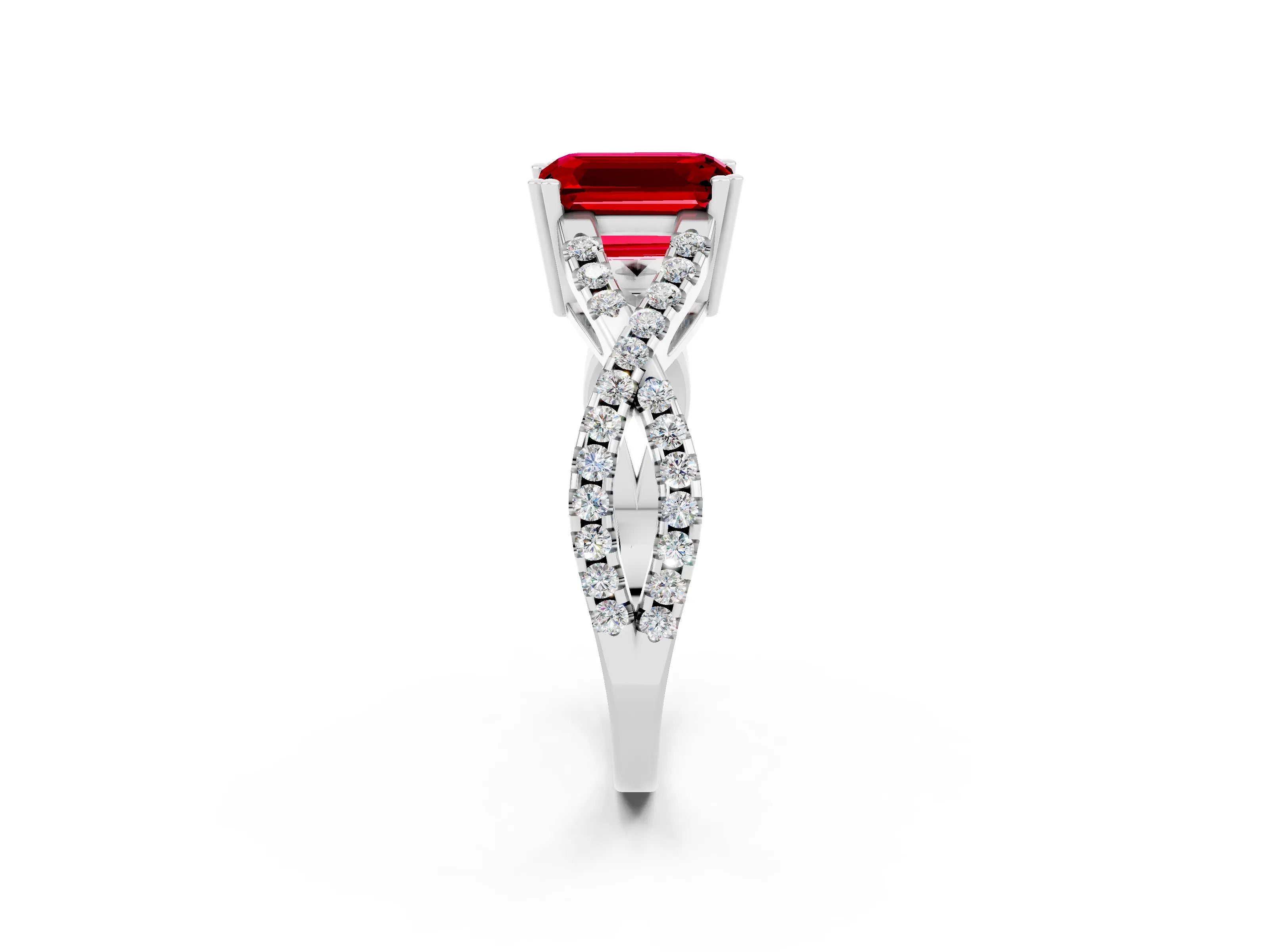 White gold Emerald Cut Ruby Solitaire Ring with Four-Prong Setting and Twisted Pavé Band_2