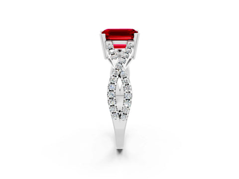White gold Emerald Cut Ruby Solitaire Ring with Four-Prong Setting and Twisted Pavé Band_2