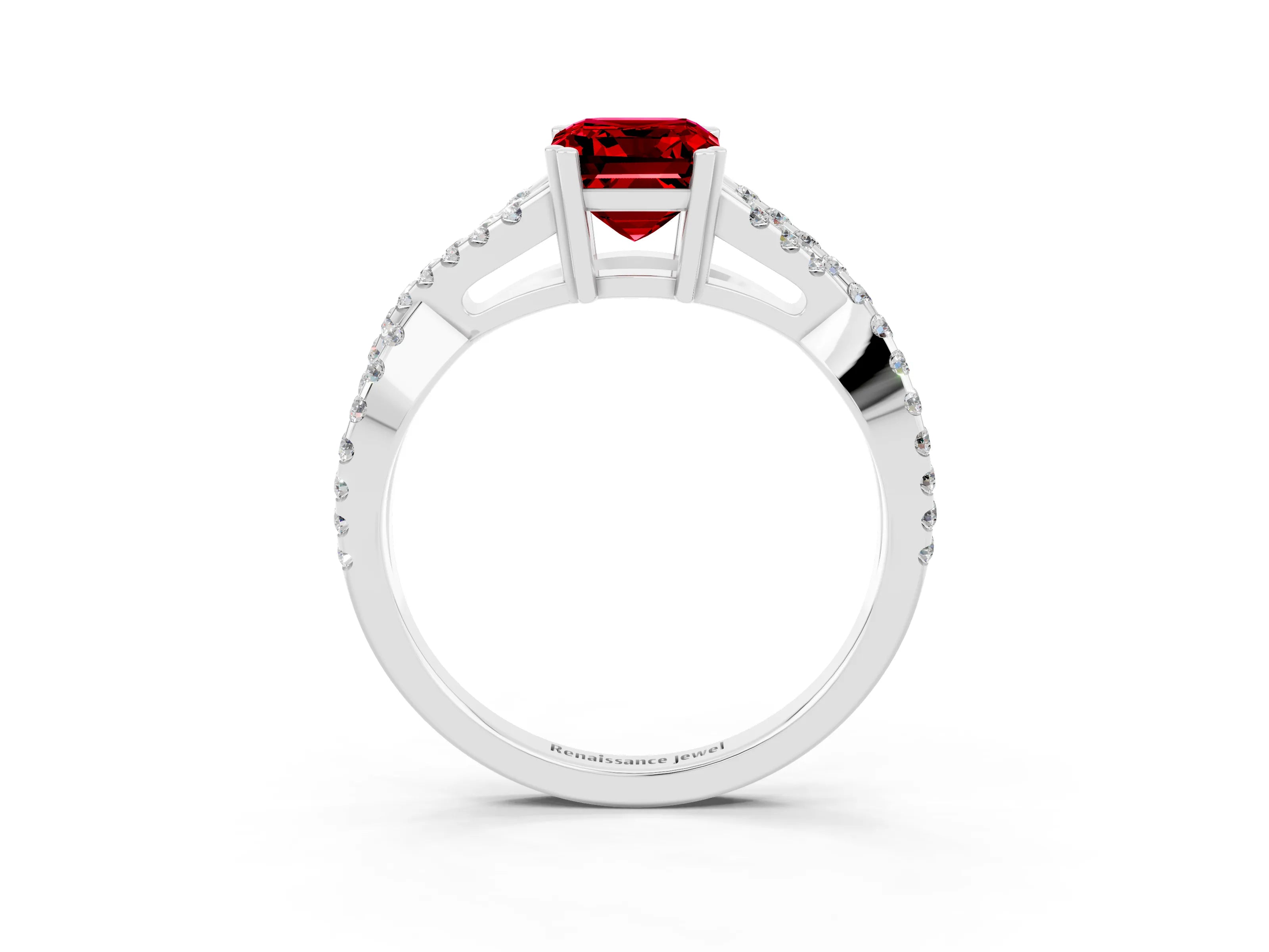 White gold Emerald Cut Ruby Solitaire Ring with Four-Prong Setting and Twisted Pavé Band_3
