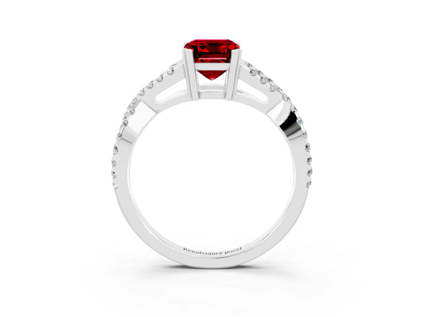 White gold Emerald Cut Ruby Solitaire Ring with Four-Prong Setting and Twisted Pavé Band