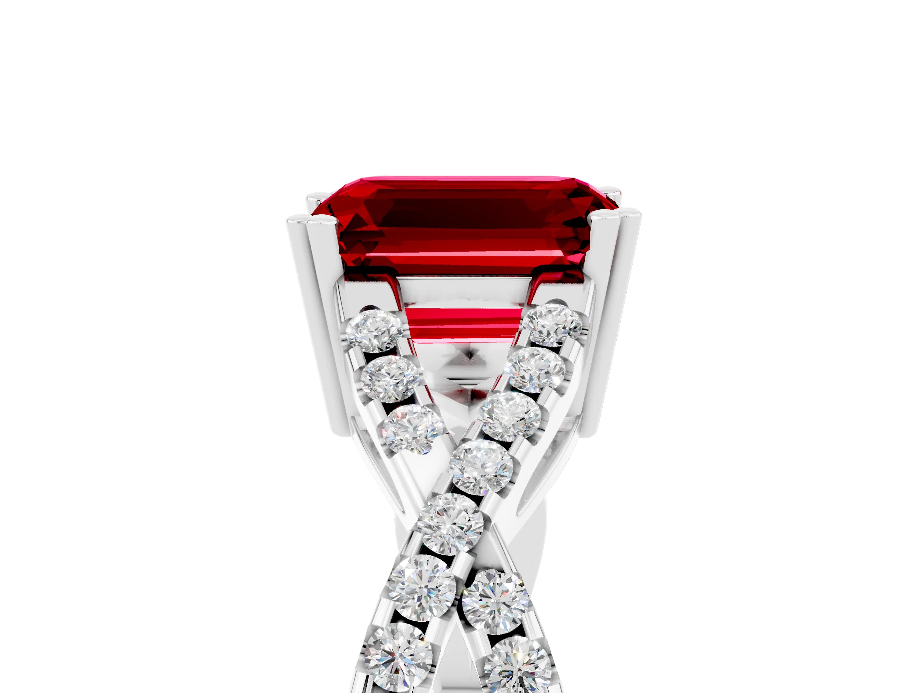 White gold Emerald Cut Ruby Solitaire Ring with Four-Prong Setting and Twisted Pavé Band_5