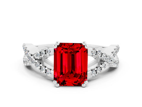 White gold Emerald Cut Ruby Solitaire Ring with Four-Prong Setting and Twisted Pavé Band