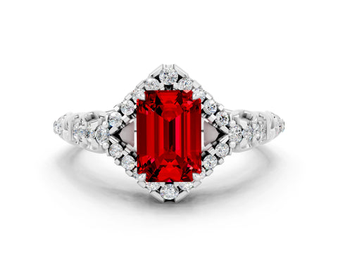 White gold Emerald Cut Ruby Solitaire Ring with Hidden Halo and Pavé Band_12
