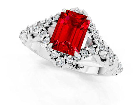 White gold Emerald Cut Ruby Solitaire Ring with Hidden Halo and Pavé Band_13