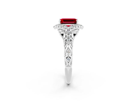 White gold Emerald Cut Ruby Solitaire Ring with Hidden Halo and Pavé Band_14