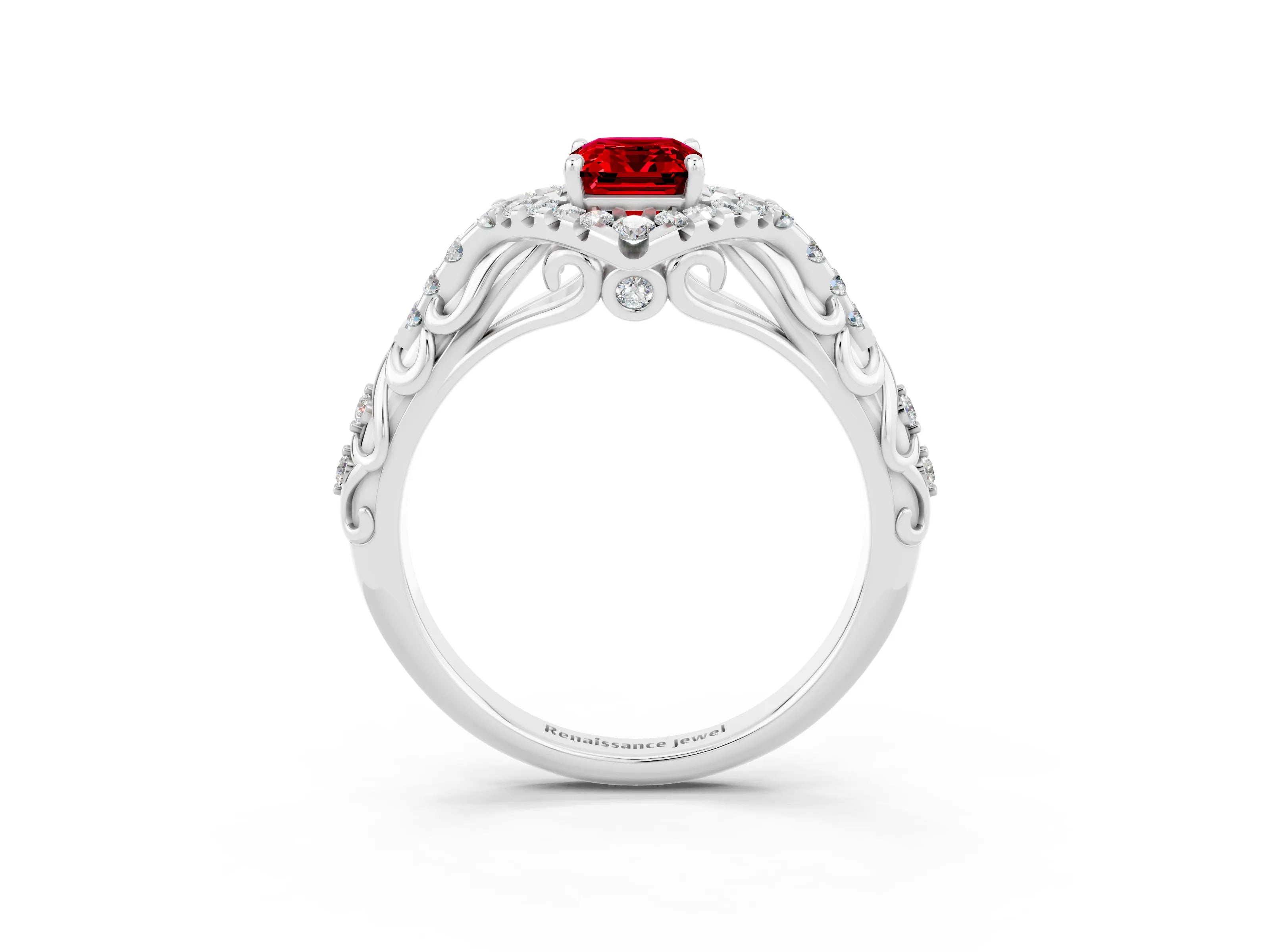 White gold Emerald Cut Ruby Solitaire Ring with Hidden Halo and Pavé Band_15
