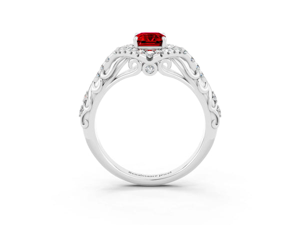 Platinum Emerald Cut Ruby Solitaire Ring with Hidden Halo and Pavé Band