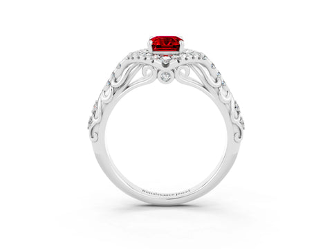 White gold Emerald Cut Ruby Solitaire Ring with Hidden Halo and Pavé Band_15