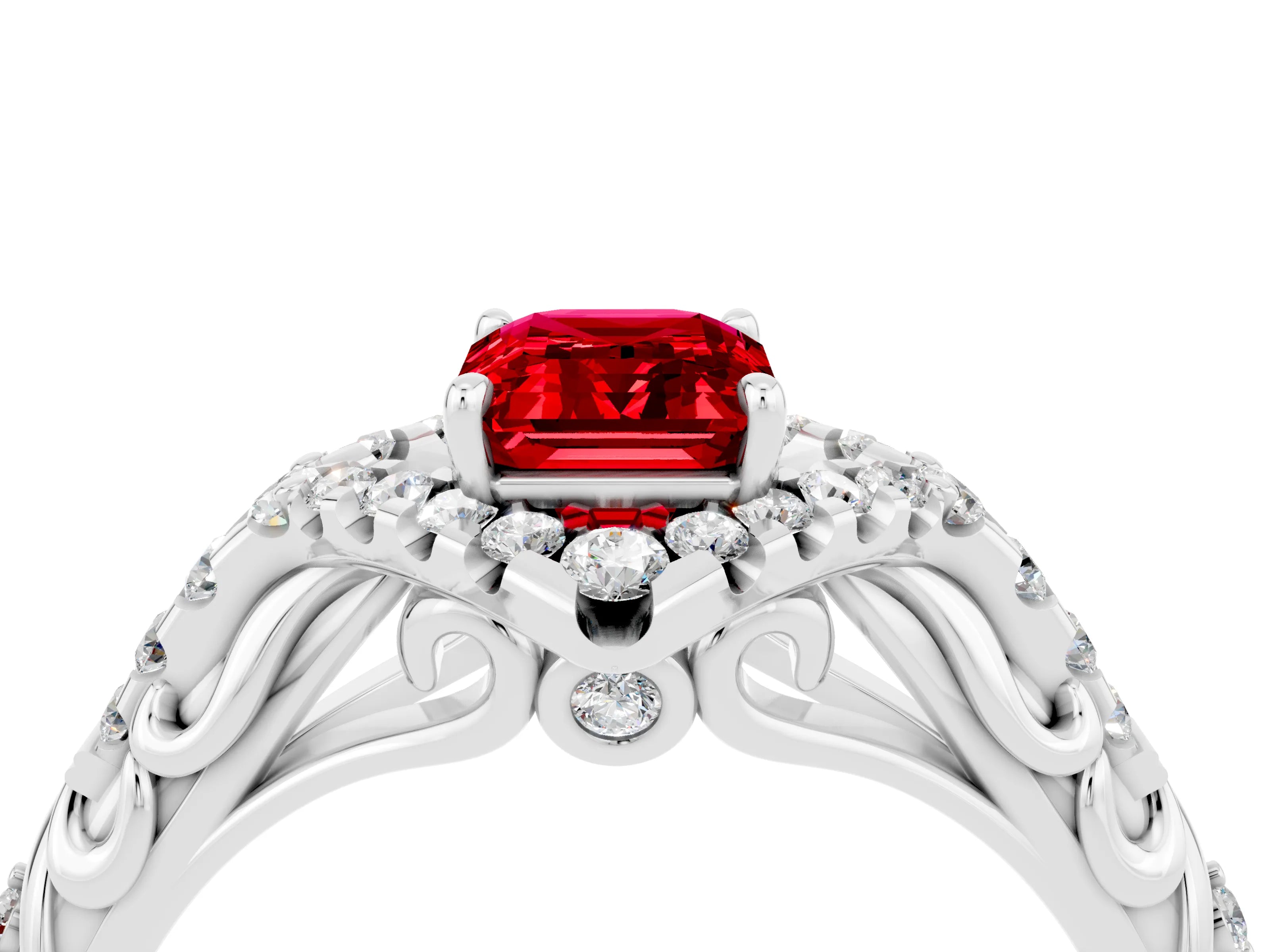 White gold Emerald Cut Ruby Solitaire Ring with Hidden Halo and Pavé Band_16
