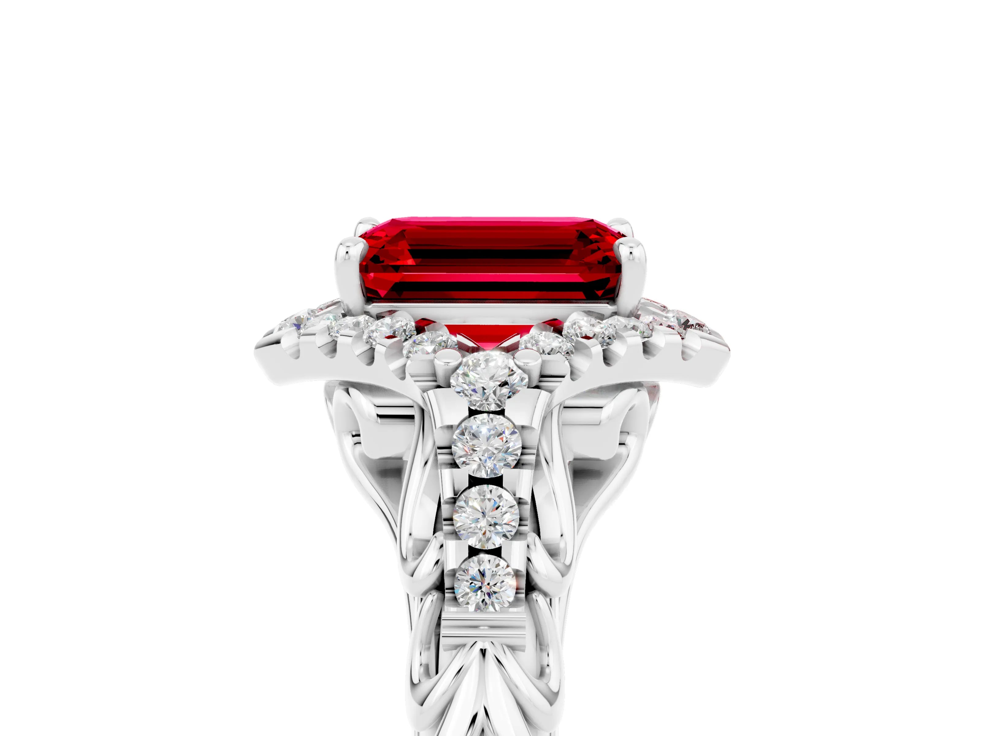 White gold Emerald Cut Ruby Solitaire Ring with Hidden Halo and Pavé Band_17