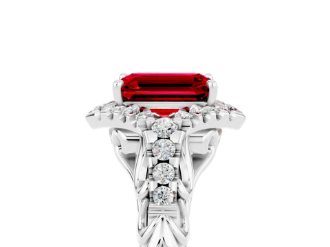White gold Emerald Cut Ruby Solitaire Ring with Hidden Halo and Pavé Band_17