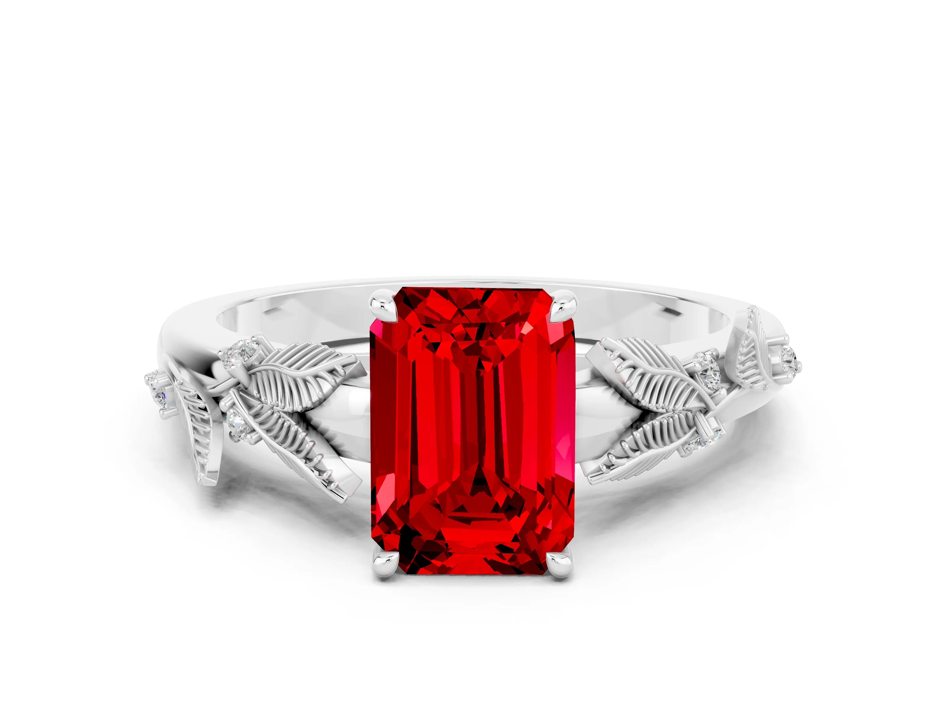 White gold Emerald Cut Ruby Solitaire Ring with Leaf Motif Band and Four-Prong Setting
