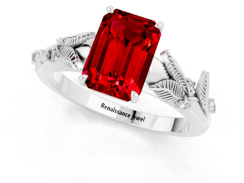 White gold Emerald Cut Ruby Solitaire Ring with Leaf Motif Band and Four-Prong Setting_13