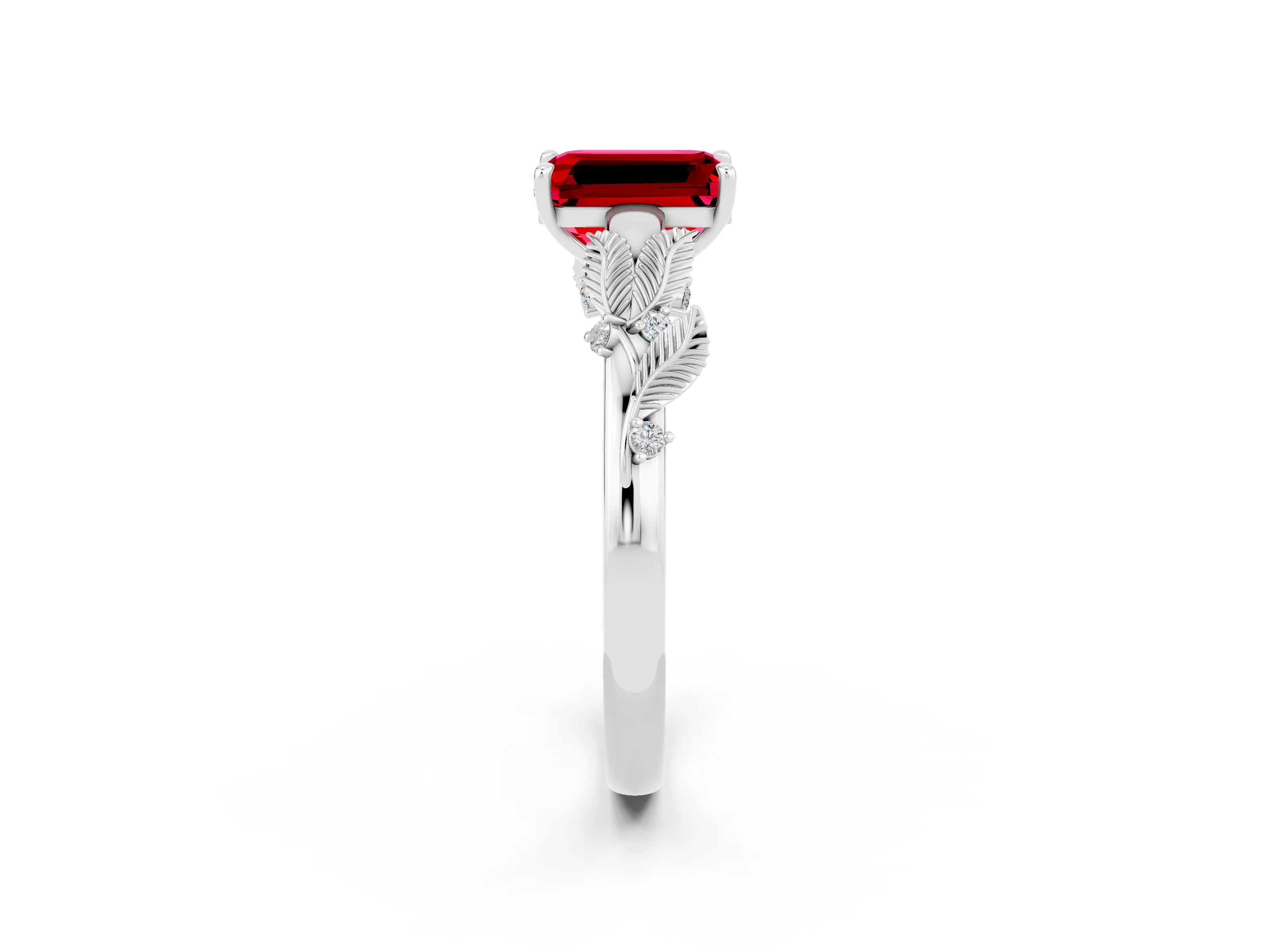 White gold Emerald Cut Ruby Solitaire Ring with Leaf Motif Band and Four-Prong Setting_14