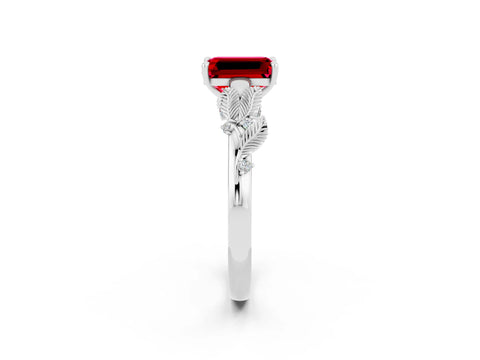White gold Emerald Cut Ruby Solitaire Ring with Leaf Motif Band and Four-Prong Setting_14