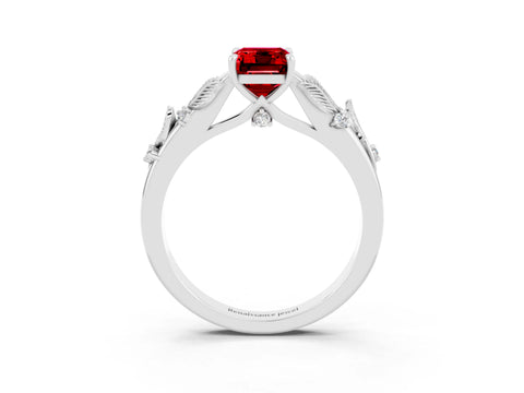 White gold Emerald Cut Ruby Solitaire Ring with Leaf Motif Band and Four-Prong Setting_15