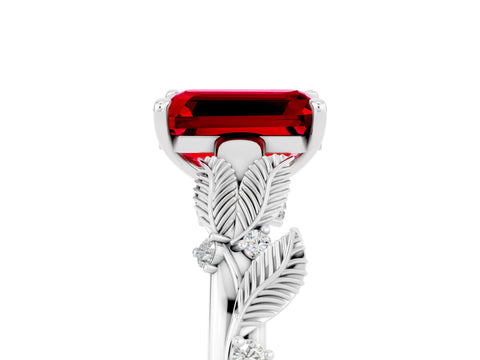 White gold Emerald Cut Ruby Solitaire Ring with Leaf Motif Band and Four-Prong Setting_17