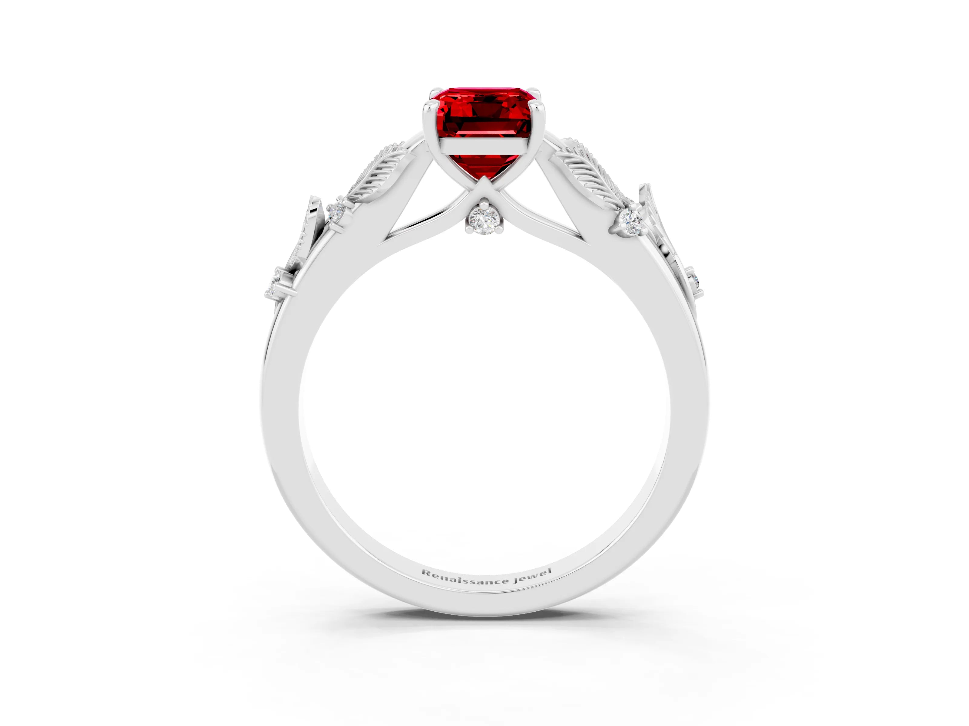 White gold Emerald Cut Ruby Solitaire Ring with Leaf Motif Band and Four-Prong Setting_3