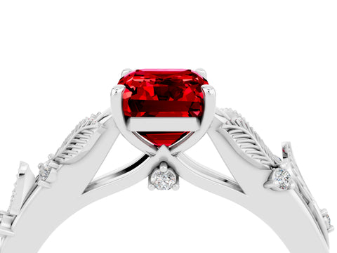 White gold Emerald Cut Ruby Solitaire Ring with Leaf Motif Band and Four-Prong Setting_4