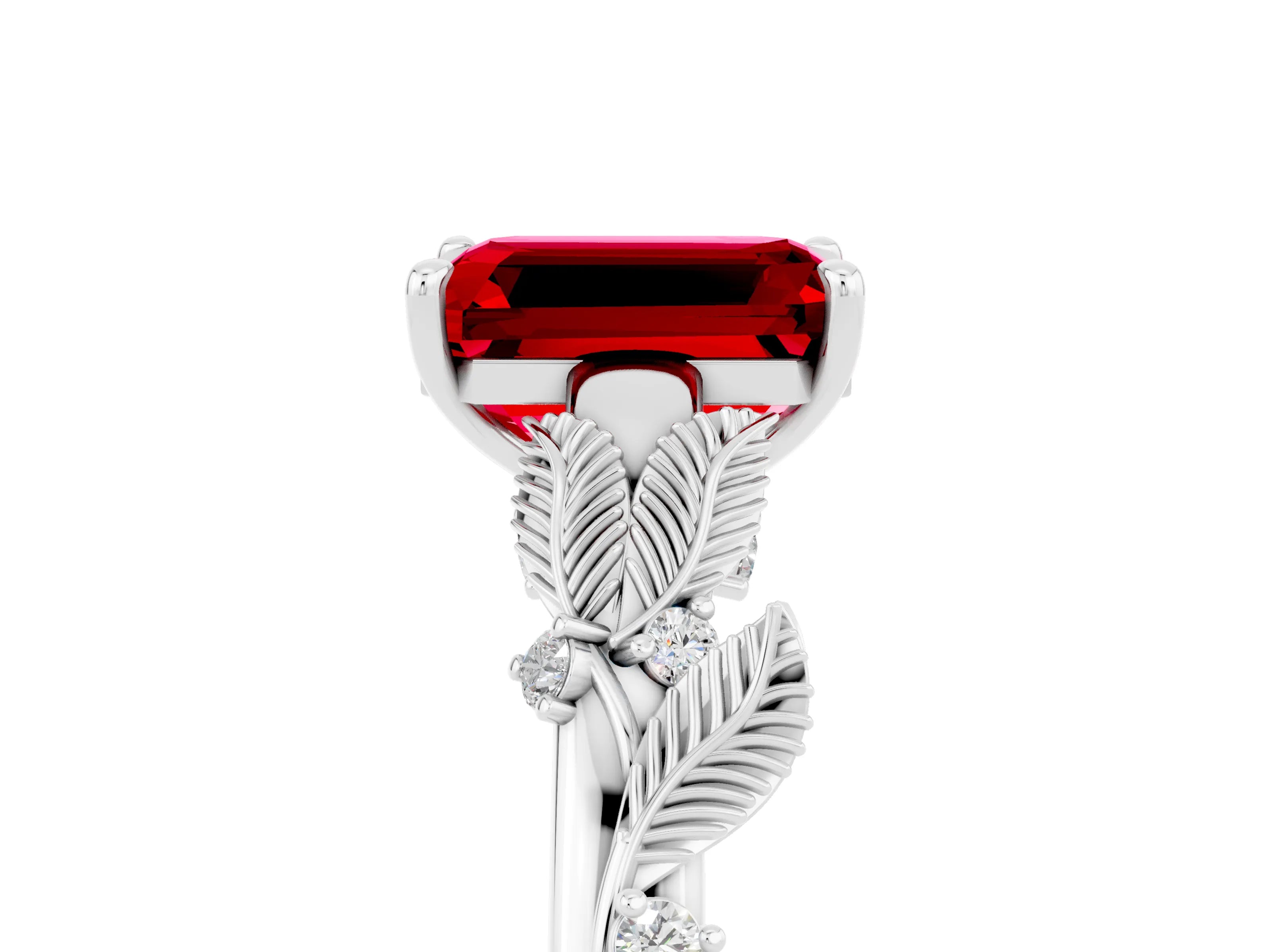 White gold Emerald Cut Ruby Solitaire Ring with Leaf Motif Band and Four-Prong Setting_5