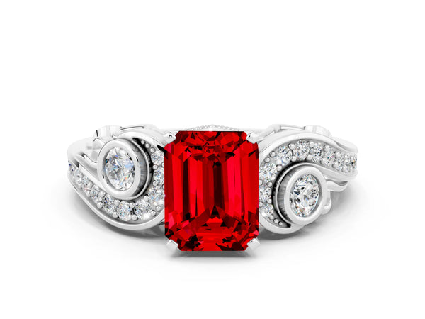 Silver Emerald Cut Ruby Solitaire Ring with Milgrain Pavé Band and Four-Prong Setting