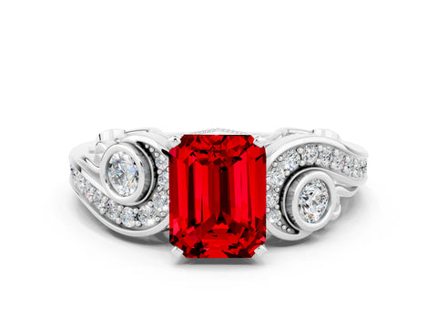White gold Emerald Cut Ruby Solitaire Ring with Milgrain Pavé Band and Four-Prong Setting_12