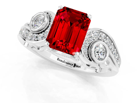 White gold Emerald Cut Ruby Solitaire Ring with Milgrain Pavé Band and Four-Prong Setting_13