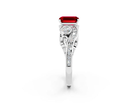 White gold Emerald Cut Ruby Solitaire Ring with Milgrain Pavé Band and Four-Prong Setting_14