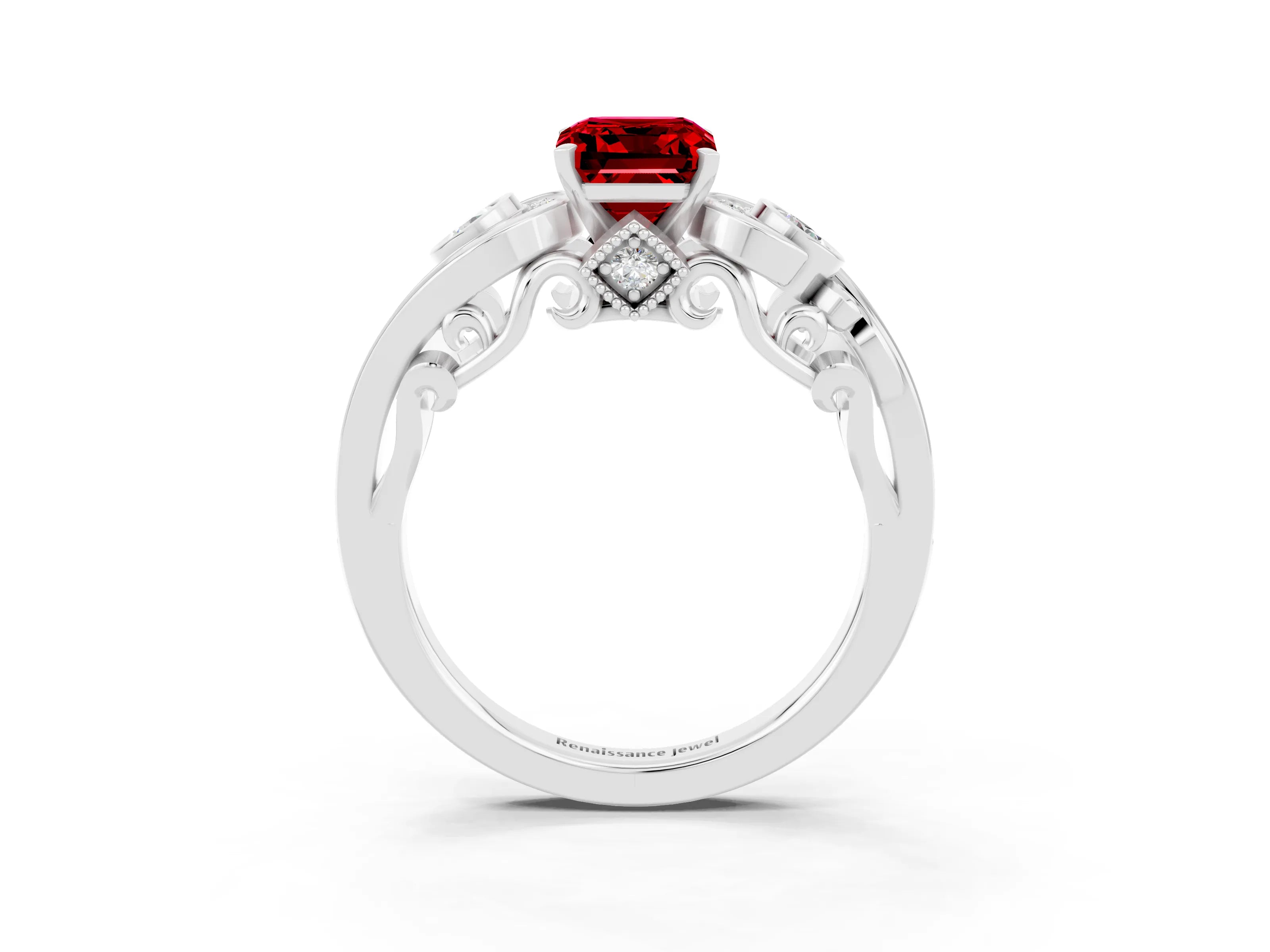 White gold Emerald Cut Ruby Solitaire Ring with Milgrain Pavé Band and Four-Prong Setting_15