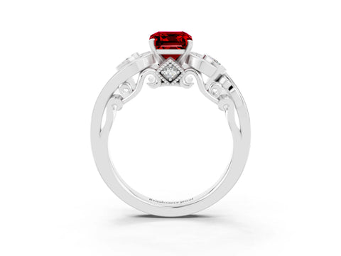 White gold Emerald Cut Ruby Solitaire Ring with Milgrain Pavé Band and Four-Prong Setting_15