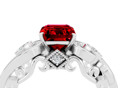 White gold Emerald Cut Ruby Solitaire Ring with Milgrain Pavé Band and Four-Prong Setting_16