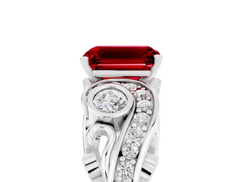 White gold Emerald Cut Ruby Solitaire Ring with Milgrain Pavé Band and Four-Prong Setting_17