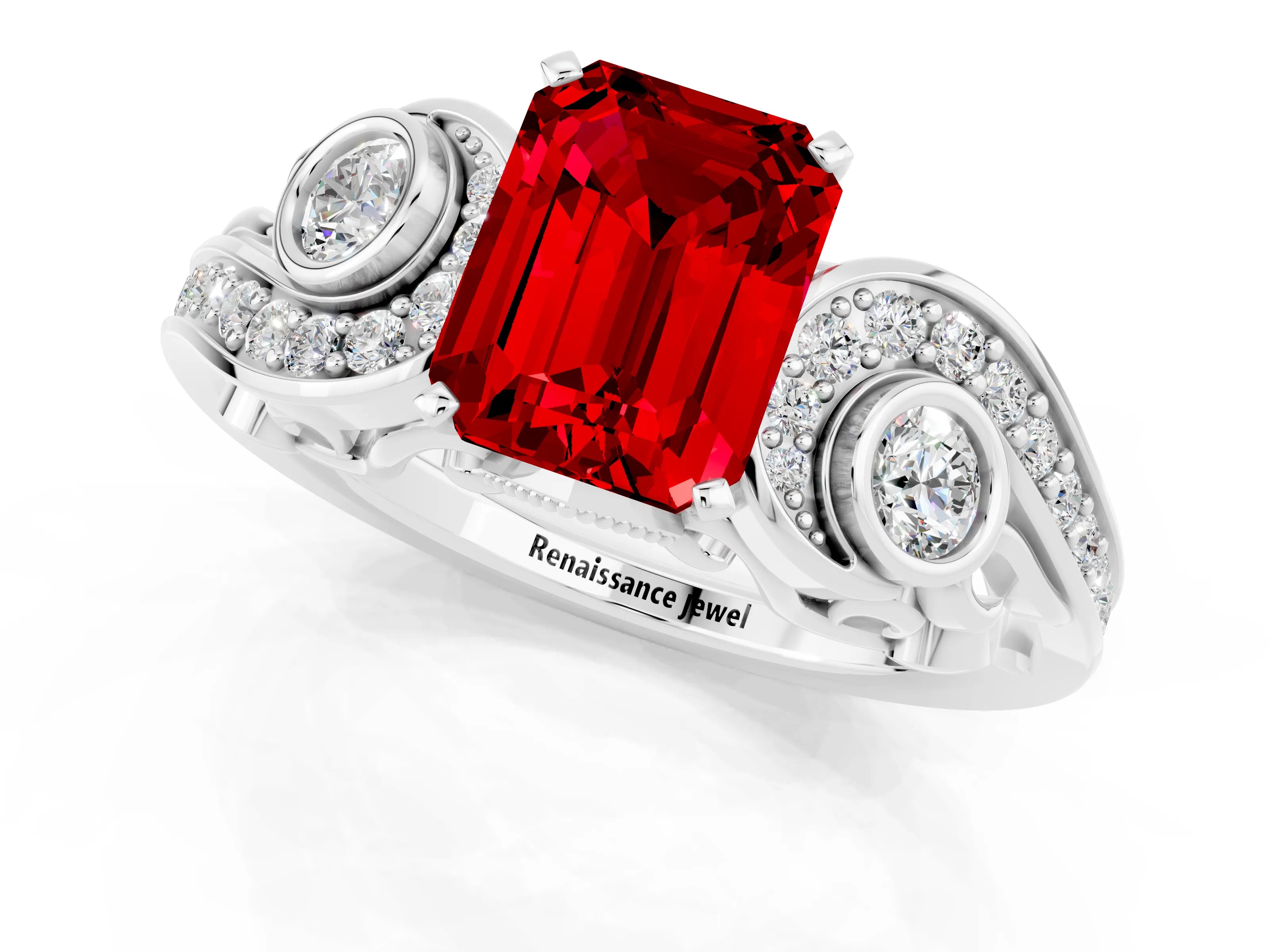 White gold Emerald Cut Ruby Solitaire Ring with Milgrain Pavé Band and Four-Prong Setting_49
