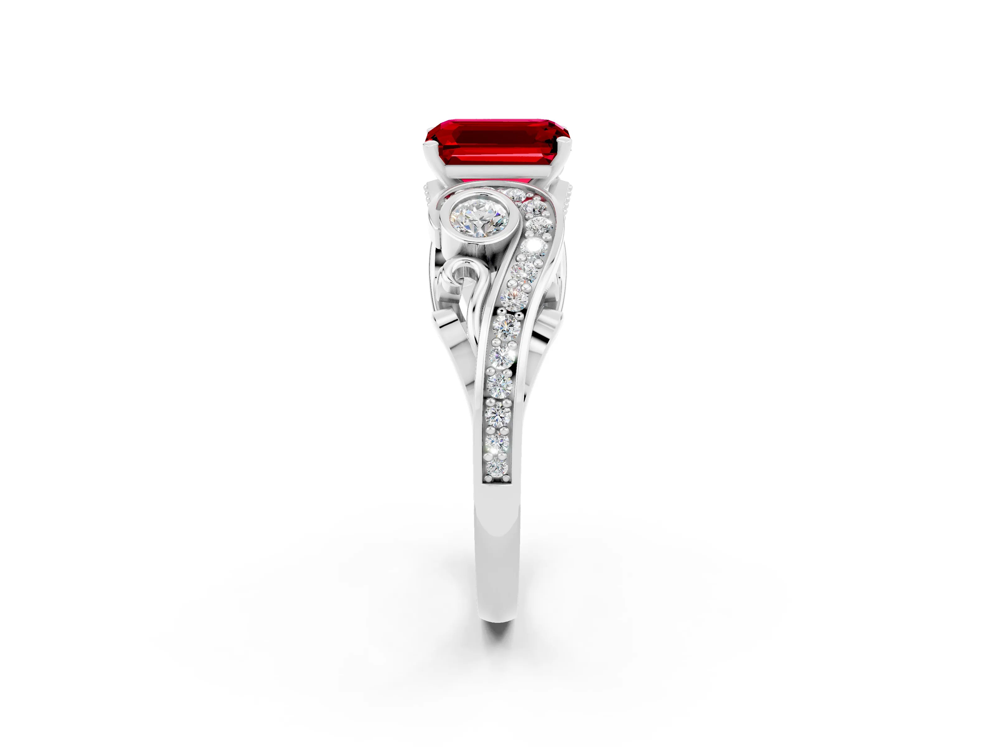 White gold Emerald Cut Ruby Solitaire Ring with Milgrain Pavé Band and Four-Prong Setting_50