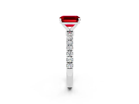 White gold Emerald Cut Ruby Solitaire Ring with Pavé Accents and Four-Prong Setting_2